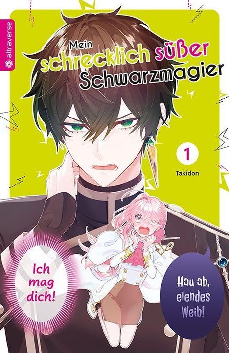 Titel: „Mein schrecklich süßer Schwarzmagier“. Zwei Figuren: junger Mann mit finsterem Blick und kleines, fröhliches Mädchen.