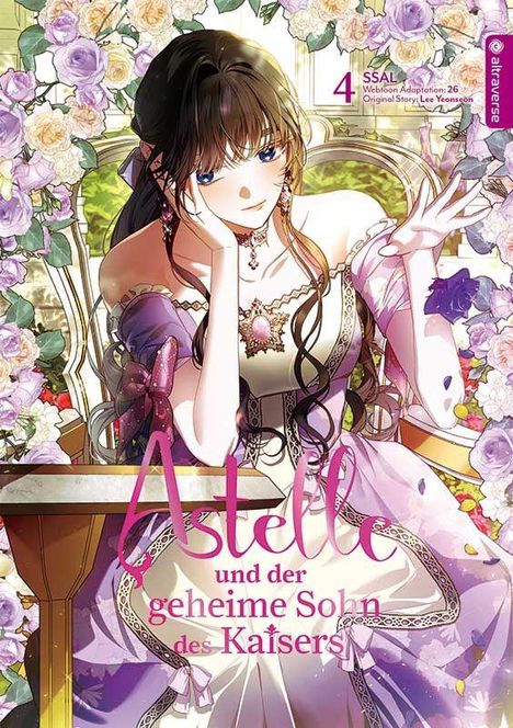„Astelle und der geheime Sohn des Kaisers“. Eine elegant gekleidete Frau sitzt umgeben von Blumen.