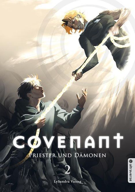 "Covenant: Priester und Dämonen" und "LySandra Vuong" sind prominent. Zwei Figuren mit leuchtendem Seil, eine oben, eine unten.