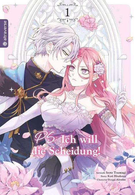 „PS: Ich will die Scheidung!“ Zwei Manga-Figuren in Hochzeitskleidung, umgeben von rosa Blüten in einem dekorativen Fenster.