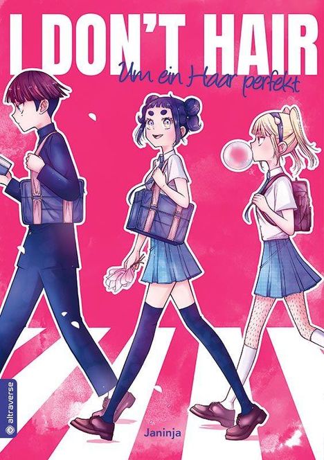 Text: "I DON'T HAIR" und "Um ein Haar perfekt". Illustration von drei Jugendlichen, die eine Straße überqueren.