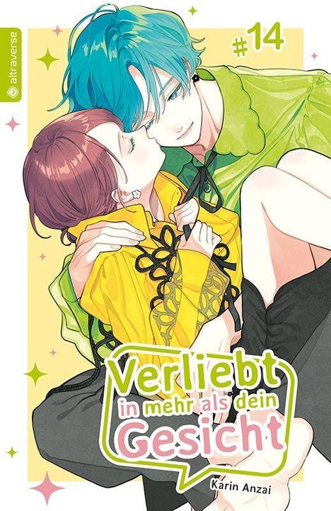 #14, Verliebt in mehr als dein Gesicht, Karin Anzai. Illustration: Paar in enger Umarmung, er mit blauem Haar.