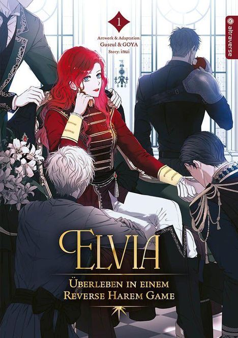 „ELVIA: Überleben in einem Reverse Harem Game“. Eine Frau in roter Kleidung sitzt, umgeben von eleganten Personen.