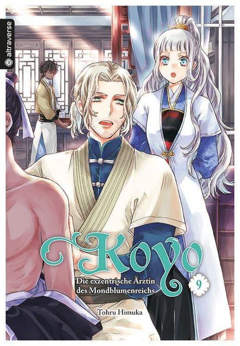 „Koyo: Die exzentrische Ärztin des Mondblumenreichs“, Band 9. Drei Manga-Figuren in traditioneller Kleidung drinnen.