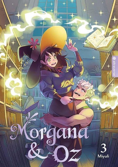 "Morgana & Oz", 3, Miyuli. Eine Hexe mit großem Hut schwebt in einer Bibliothek, von einem Mann gehalten, magische Bücher um sie.