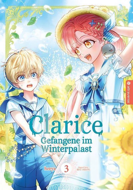 „Clarice: Gefangene im Winterpalast“ steht in der Mitte. Zwei fröhliche, animeartige Kinder in blauen Outfits umgeben von Sonnenblumen.