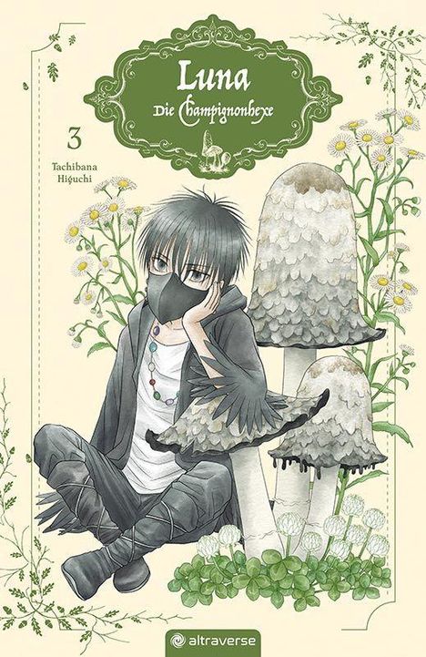 "Luna Die Champignonhexe" steht oben auf einem Label. Darunter eine Figur mit Maske sitzt neben Pilzen.
