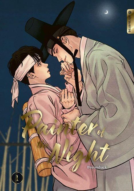 „Painter of the Night“ von Byeonduck. Zwei Männer in traditioneller koreanischer Kleidung stehen sich nah unter einem Halbmond.