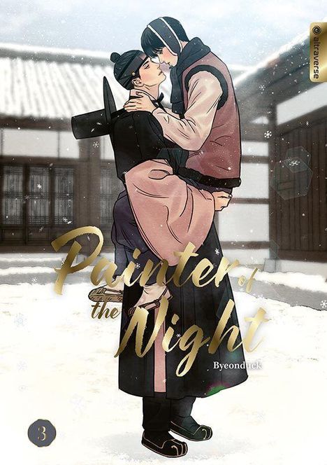 "Painter of the Night" with winter setting: Zwei Personen in traditioneller Kleidung umarmen sich vor alten Gebäuden im Schnee.