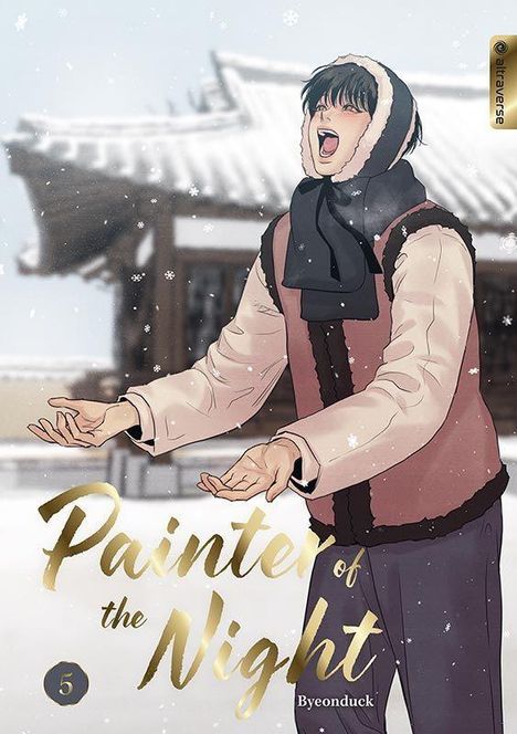 Text: „Painter of the Night“, „Byeonduck“, „5“. Illustration: Person in Winterkleidung fängt Schneeflocken, traditionelles Gebäude.