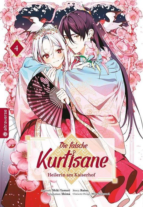 Titel: Die falsche Kurtisane - Heilerin am Kaiserhof. Zwei Personen in traditionellen Gewändern, zartes Rosa mit Blumen.
