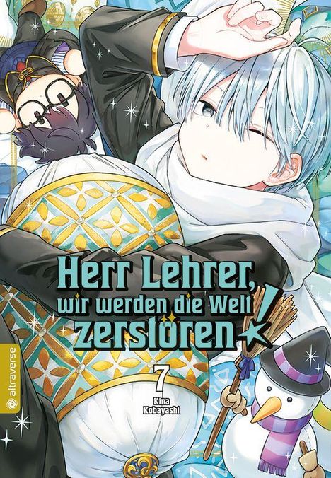 "Herr Lehrer, wir werden die Welt zerstören! 7" steht im Vordergrund. Zeigt eine Illustration mit Charakteren und einem Schneemann.