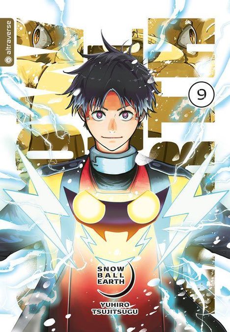 "Snow Ball Earth" und "Yuhiro Tsujitsugu". Ein Manga-Charakter mit dunklem Haar, umgeben von Blitzen, Nummer 9 sichtbar.