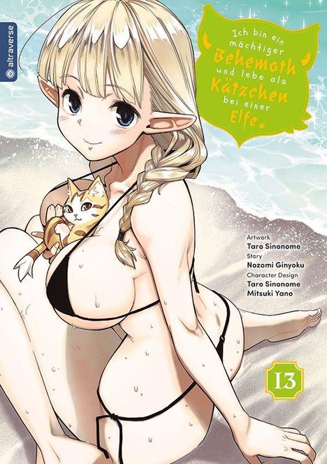 Ein Elf im Bikini sitzt am Strand, hält ein Kätzchen. Der Text: „Ich bin ein mächtiger Behemoth und lebe als Kätzchen bei einer Elfe.“