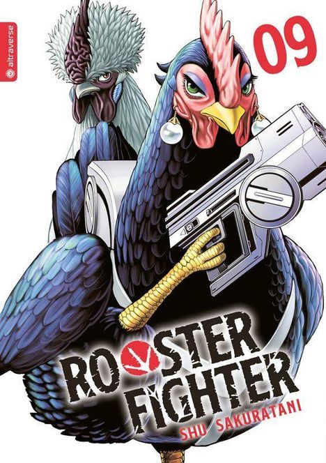 Text: "09", "ROOSTER FIGHTER", "SHU SAKURATANI". Zwei Hähne, einer mit Waffe, in actionreicher Pose.