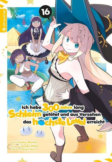 Titel: "Ich habe 300 Jahre lang Schleim getötet und aus Versehen das höchste Level erreicht". Drei Figuren in fantasievoller Kleidung.