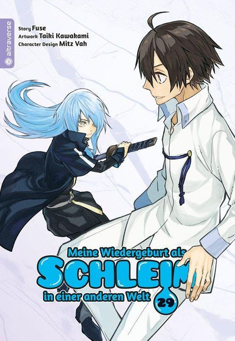 "Meine Wiedergeburt als Schleim in einer anderen Welt 29." Zwei Figuren; links mit blauem Haar und Schwert, rechts mit dunklem Haar.