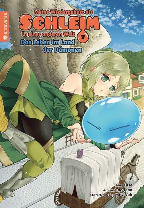 Eine Person mit Flügeln betrachtet einen blauen Schleim auf einem Wagen vor einer Dorfkulisse.