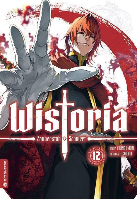 „Wistoria: Zauberstab & Schwert“, Band 12. Eine Figur mit roten Haaren streckt die Hand aus, umgeben von rotem Muster.