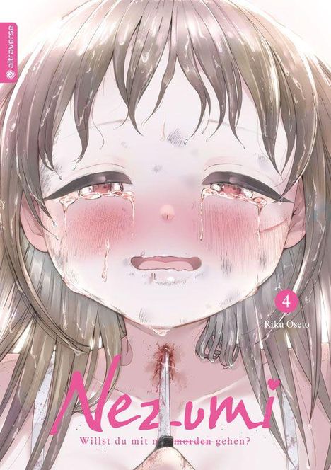 Text: "Nezumi. Willst du mit mir morden gehen?" Illustration eines weinenden Mädchens mit Messer im Vordergrund.