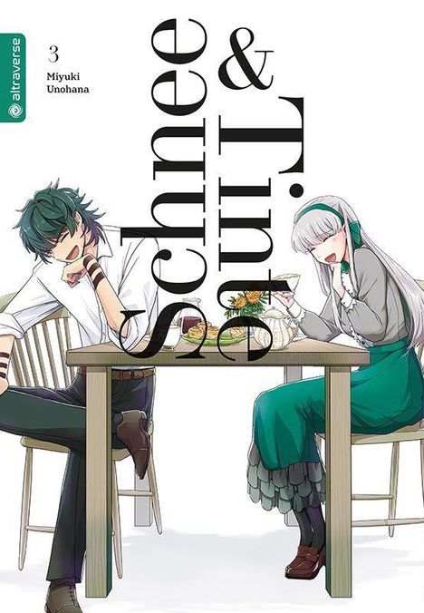 Text: "Schnee & Tinte", "3 Miyuki Unohana". Zwei lachende Figuren an einem Tisch mit Blumen. Manga-Illustration.