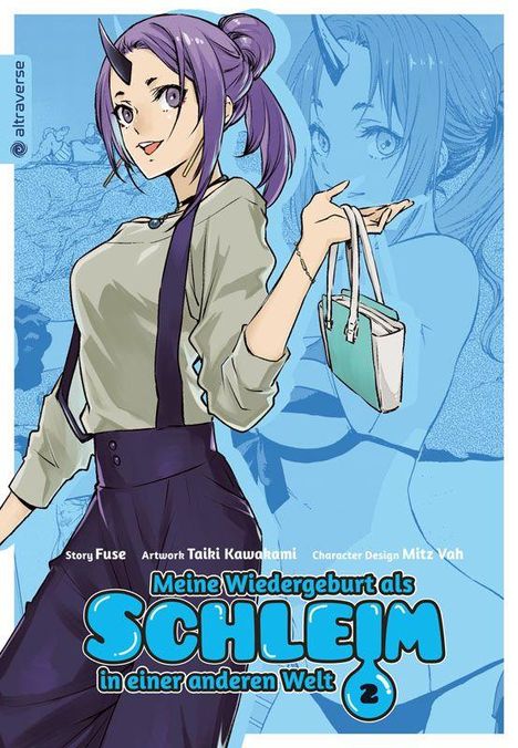 "Meine Wiedergeburt als Schleim in einer anderen Welt 2." Illustration einer lilahaarigen Figur mit Hörnern.
