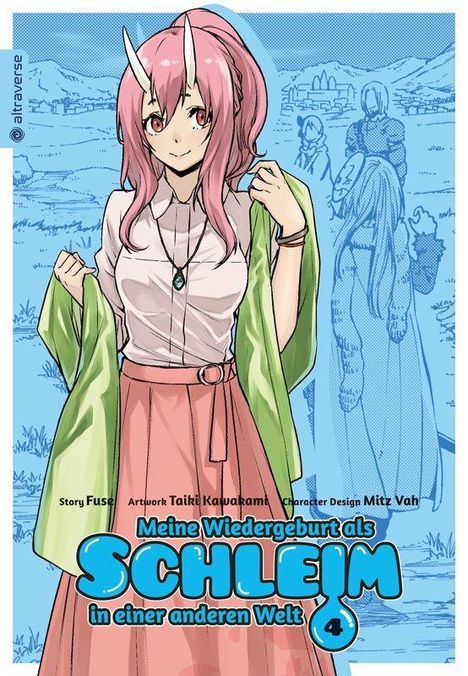 „Meine Wiedergeburt als Schleim in einer anderen Welt 4“. Anime-Stil, pinkhaariges Mädchen mit Horn und grünem Umhang.