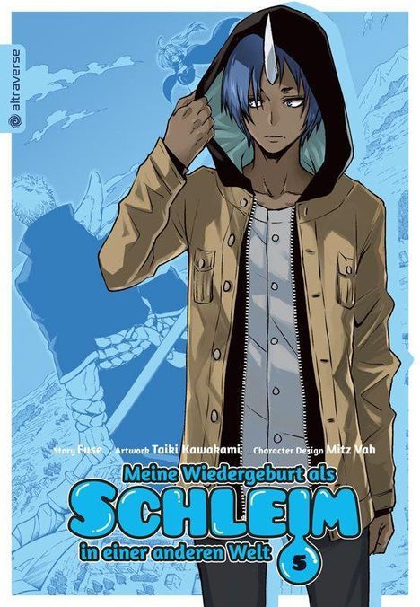 "Meine Wiedergeburt als Schleim in einer anderen Welt 5". Ein junger Mann mit Hörnern, Kapuze und blauem Haar.
