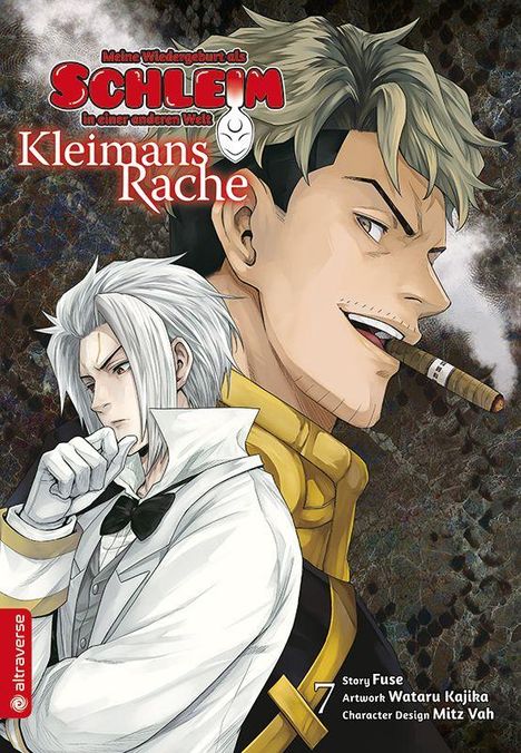 „Meine Wiedergeburt als Schleim in einer anderen Welt: Kleimans Rache“. Zwei Männer; einer raucht Zigarre, der andere denkt nach.