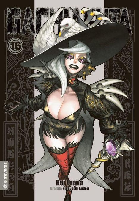 "GACHIUNIFATA 16", "Kei Urana", "Graffiti: Hideyoshi Andou". 
Fantasie-Illustration einer Frau mit großem Hut und Vogel.