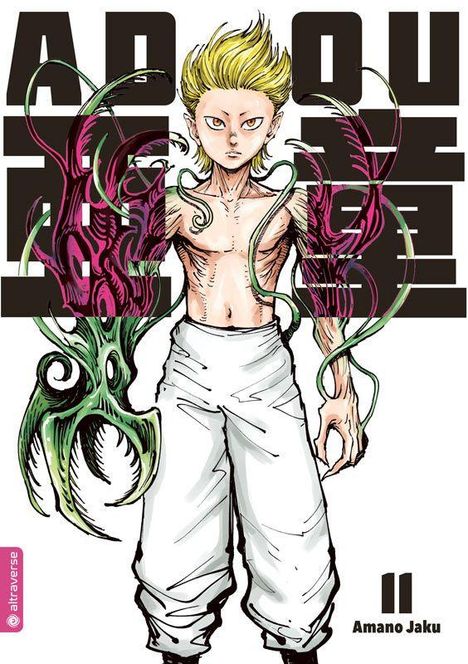 ADOU. Illustration eines jungen Mannes, blond, mit grün-purpur Tentakeln am Arm, trägt weiße Hose. Text: Amano Jaku.