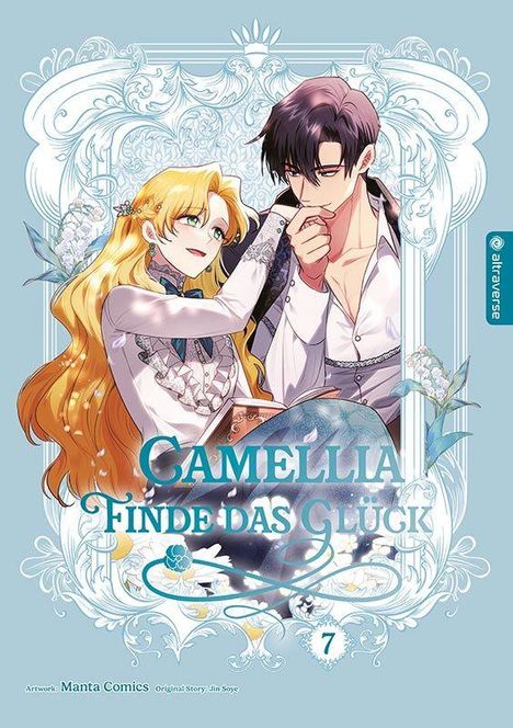 „CAMELLIA FINDE DAS GLÜCK“ mit zwei Figuren, eine blonde Frau lächelnd, ein Mann mit dunklem Haar nachdenklich.