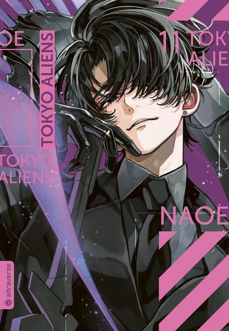 "Tokyo Aliens", "NAOE", stilisierte Figur mit schwarzen Handschuhen vor lila Hintergrund in dynamischer Pose.