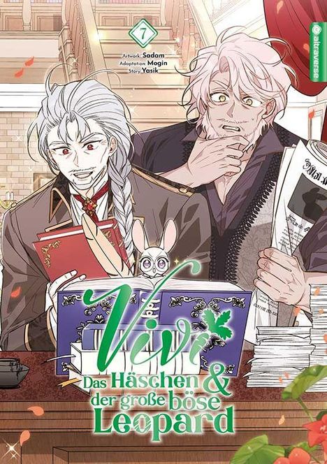 "Vivi. Das Häschen & der große böse Leopard." Zwei schockierte, gezeichnete Figuren mit Büchern und einem Hasenähnlichen Tier.