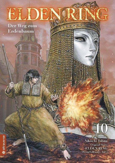 „ELDEN RING“, „Der Weg zum Erdenbaum“, „10“. Ein Krieger mit Stock und brennende Attacke, große Statue im Hintergrund.