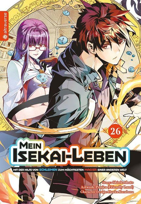 Cover der Manga-Serie "Mein Isekai-Leben" Band 26. Zwei Anime-Figuren, eine mit rotem Haar, umgeben von magischen Elementen.