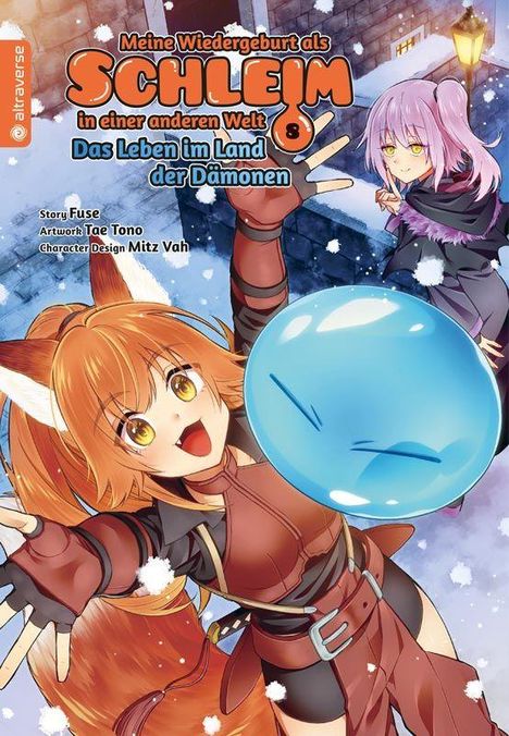 „Meine Wiedergeburt als Schleim 8“: Zwei Figuren im Schnee, eine mit orange Haaren und Fuchsohren, die andere mit lila Haaren.