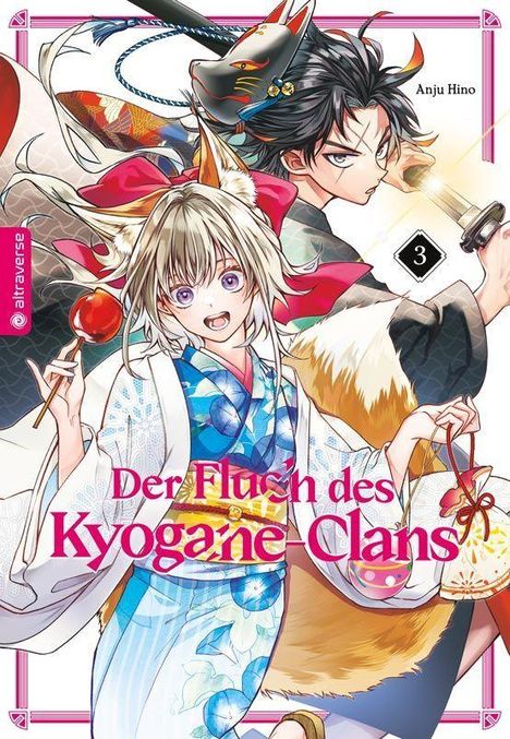 „Der Fluch des Kyogane-Clans.“ Zwei Anime-Figuren: eine mit Fuchsohren, die andere mit Schwert und Kitsune-Maske.