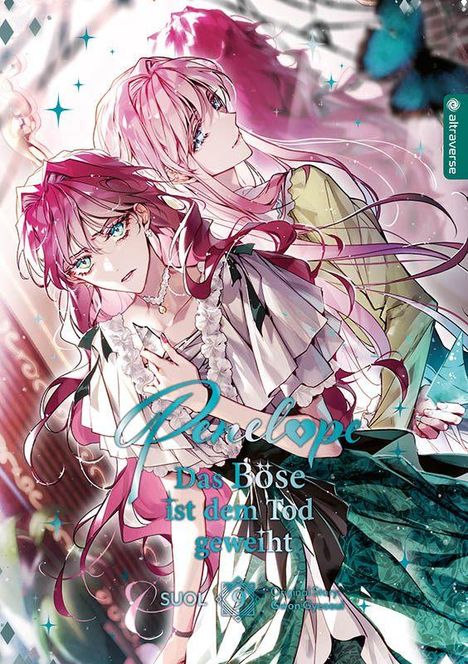 „Penelope: Das Böse ist dem Tod geweiht“. Zwei Figuren mit pinkem Haar in einem dekorativen, fantasievollen Stil.