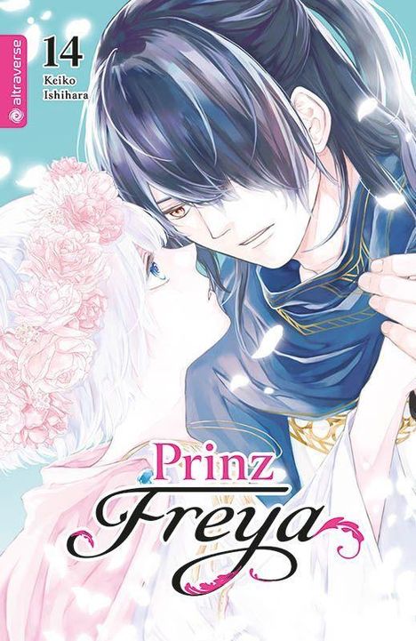 Text: "Prinz Freya", "14", "Keiko Ishihara", "altraverse". Illustration: Mann hält Frau mit Blumenkranz in innigem Blickkontakt.