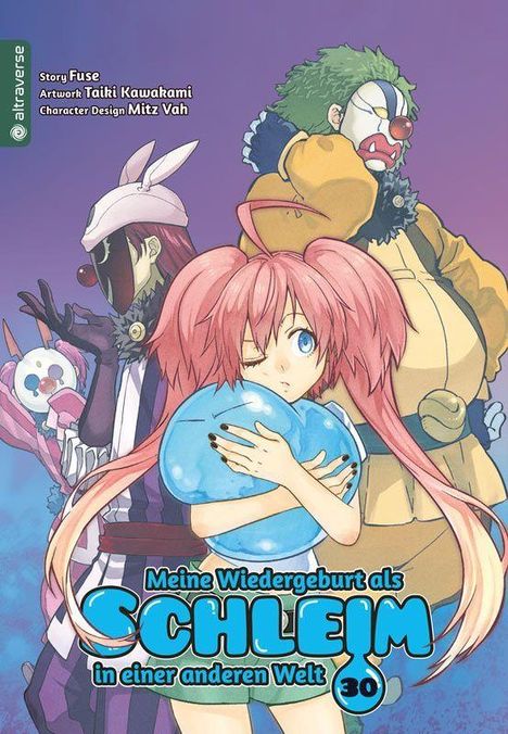„Story Fuse, Artwork Taiki Kawakami, Character Design Mitz Vah“. Ein roter und ein clownartiger Charakter.