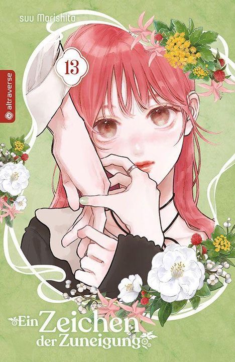 „Ein Zeichen der Zuneigung“, „13“, „suu Morishita“. Illustration: Mädchen mit roten Haaren und Blumenrahmen.