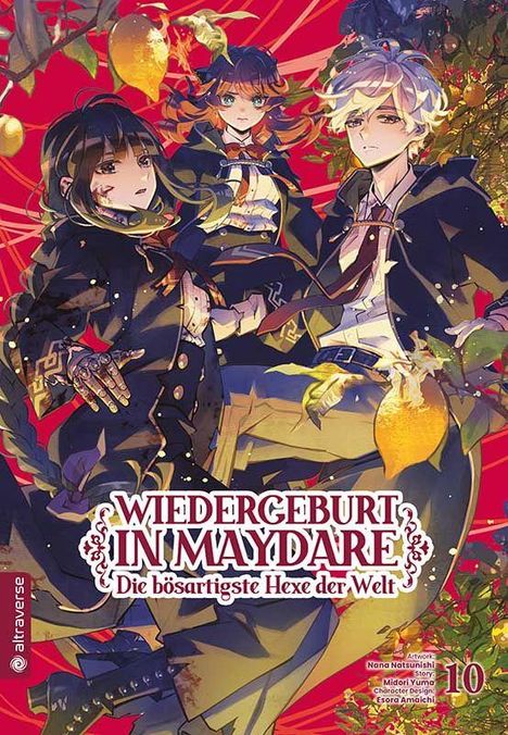 "Wiedergeburt in Maydare: Die bösartigste Hexe der Welt" ist eine farbenfrohe Manga-Illustration mit drei Charakteren.