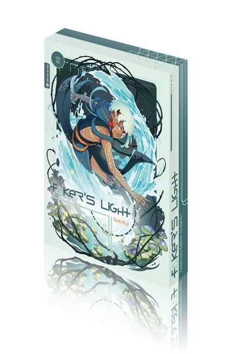 "Faker's Light" von SoenKai. Eine dynamische Illustration zeigt eine Figur in blauer Kleidung, umgeben von Wasser und Pflanzen.