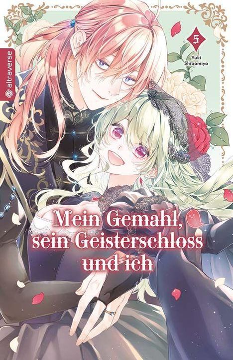 "Mein Gemahl, sein Geisterschloss und ich" steht vorne. Buntes Manga-Cover mit zwei lächelnden Figuren, Blumen und Verzierungen.