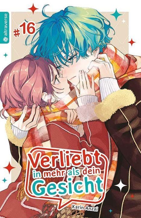 #16, Verliebt in mehr als dein Gesicht, Karin Anzai. Zwei Personen umarmen sich mit Schal, bunte Haare. Manga-Stil.