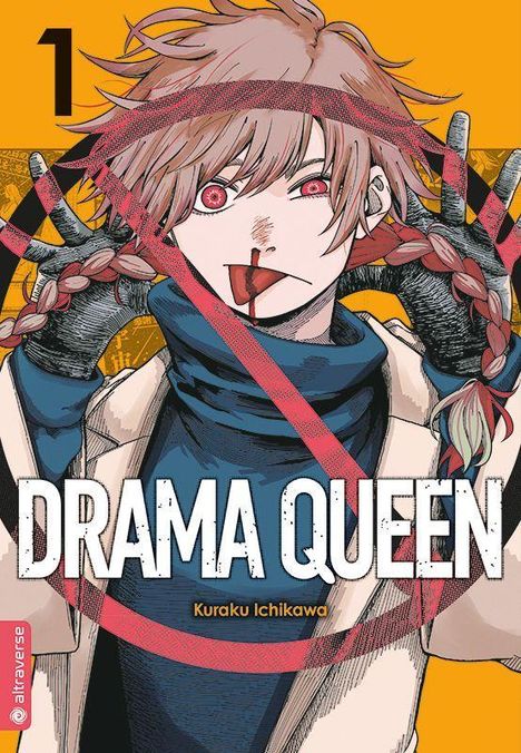 "1", "DRAMA QUEEN", "Kuraku Ichikawa". Illustration: Junge mit Zöpfen und blutender Nase, rotes Band über Gesicht.