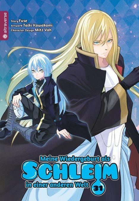 Zwei Manga-Charaktere: ein blondhaariger, ernst blickender Mann im Vordergrund und ein blauhaariger, junger Krieger im Hintergrund.