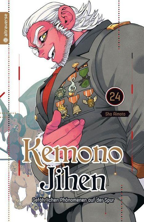 Der Text lautet: "Kemono Jihen: Gefährlichen Phänomenen auf der Spur." Ein muskulöser Mann mit rosa Haut und Orden an seiner Uniform.