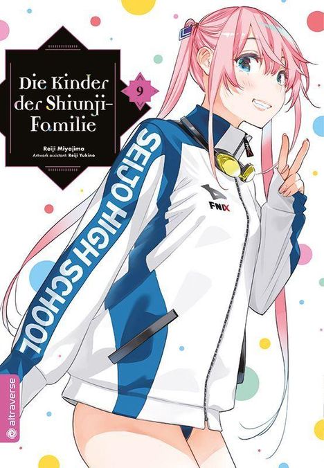 Text: „Die Kinder der Shiunji-Familie“, „SEITO HIGH SCHOOL“. Illustration eines Mädchens mit rosa Haaren in Sportjacke.